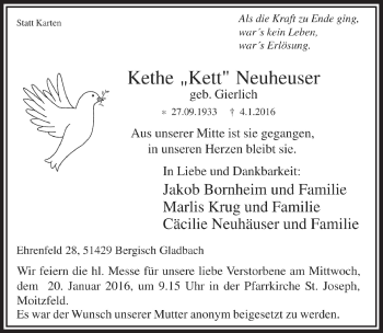 Anzeige von Kethe Neuheuser von  Bergisches Handelsblatt 