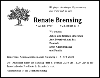 Anzeige von Renate Brensing von Kölner Stadt-Anzeiger / Kölnische Rundschau / Express