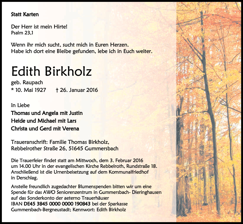  Traueranzeige für Edith Birkholz vom 30.01.2016 aus Kölner Stadt-Anzeiger / Kölnische Rundschau / Express