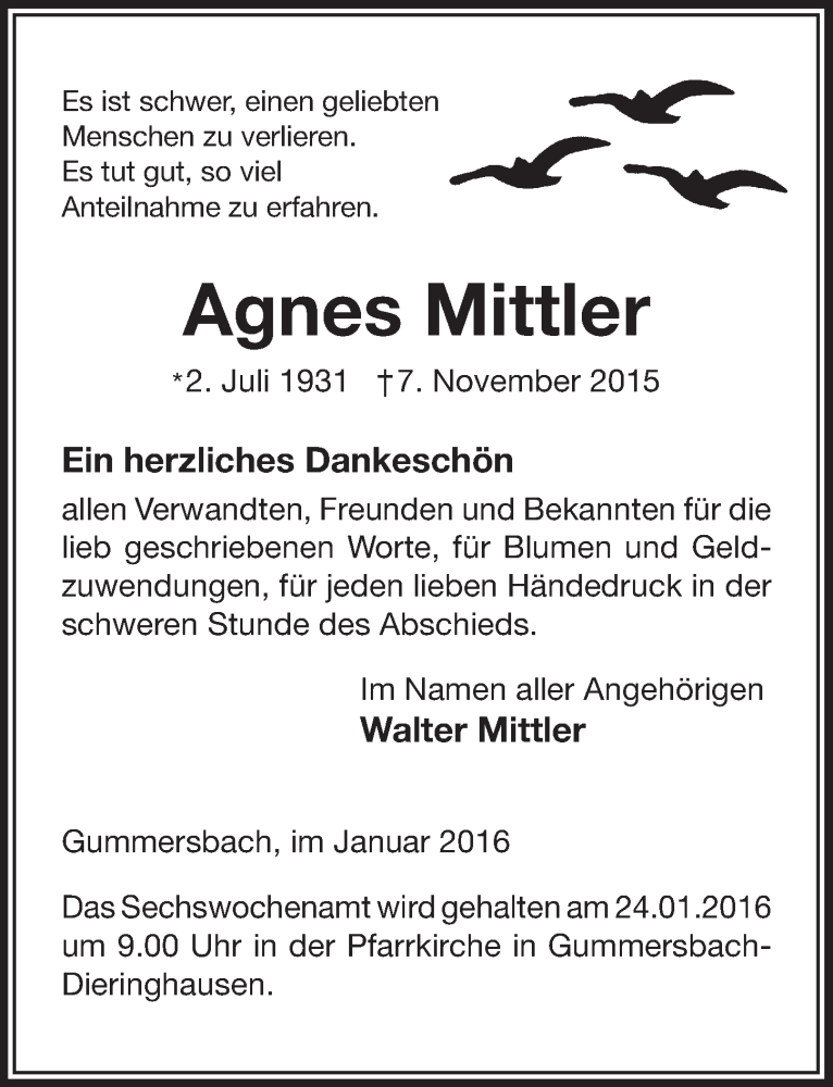  Traueranzeige für Agnes Mittler vom 20.01.2016 aus  Anzeigen Echo 
