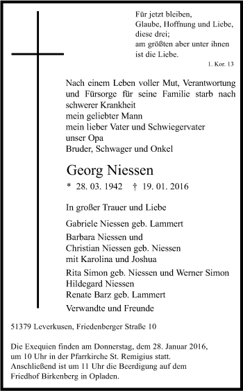 Anzeige von Georg Niessen von Kölner Stadt-Anzeiger / Kölnische Rundschau / Express