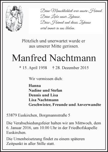 Anzeige von Manfred Nachtmann von  Blickpunkt Euskirchen 