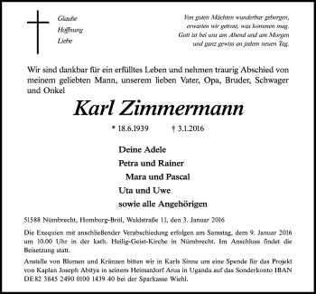 Anzeige von Karl Zimmermann von  Anzeigen Echo  Lokalanzeiger 