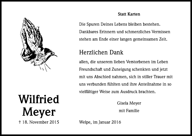  Traueranzeige für Wilfried Meyer vom 06.01.2016 aus Kölner Stadt-Anzeiger / Kölnische Rundschau / Express