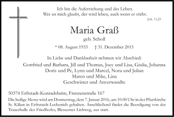 Anzeige von Maria Graß von Kölner Stadt-Anzeiger / Kölnische Rundschau / Express
