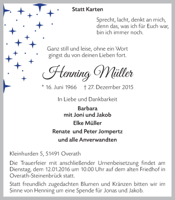 Anzeige von Henning Müller von  Bergisches Handelsblatt 