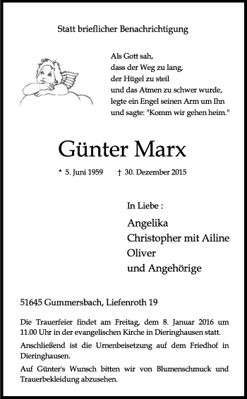 Anzeige von Günter Marx von Kölner Stadt-Anzeiger / Kölnische Rundschau / Express
