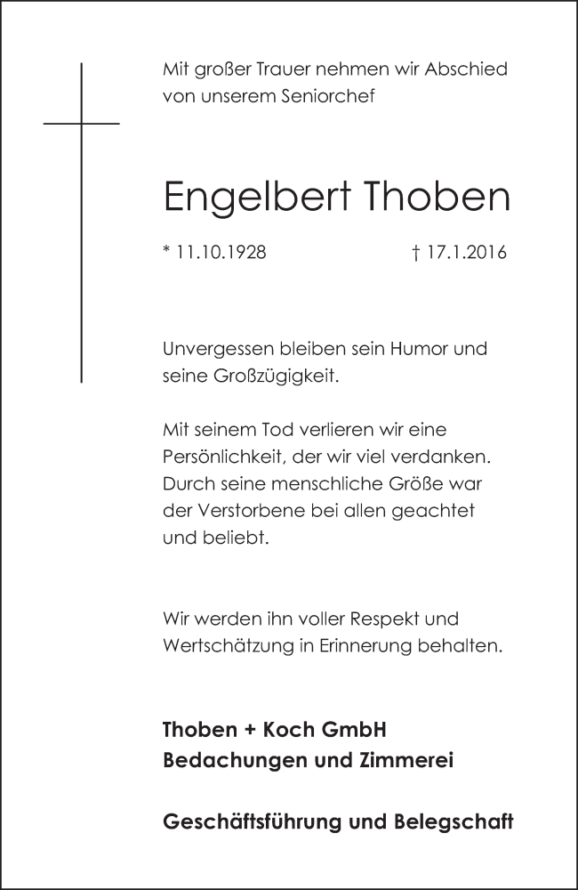  Traueranzeige für Engelbert Thoben vom 20.01.2016 aus  Schlossbote/Werbekurier 