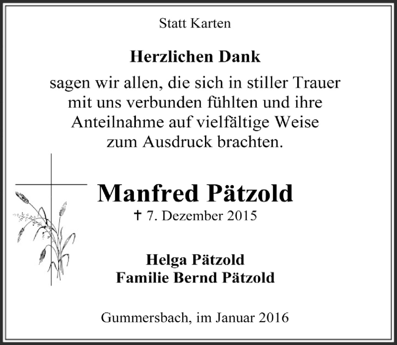  Traueranzeige für Manfred Pätzold vom 27.01.2016 aus  Anzeigen Echo 