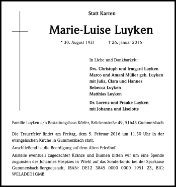 Anzeige von Marie-Luise Luyken von Kölner Stadt-Anzeiger / Kölnische Rundschau / Express
