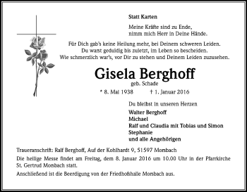 Anzeige von Gisela Berghoff von Kölner Stadt-Anzeiger / Kölnische Rundschau / Express