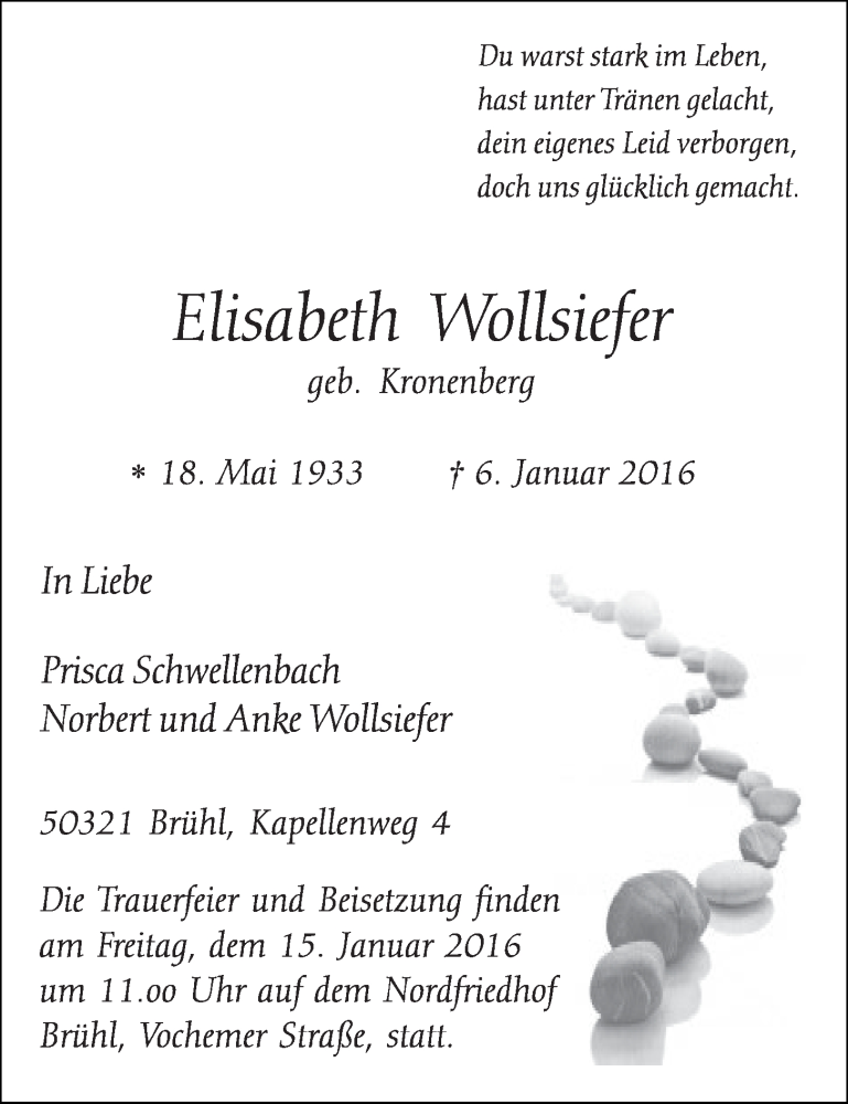  Traueranzeige für Elisabeth Wollsiefer vom 13.01.2016 aus  Schlossbote/Werbekurier 