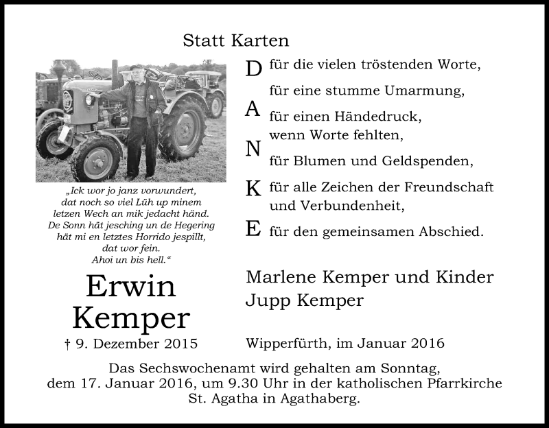  Traueranzeige für Erwin Kemper vom 09.01.2016 aus Kölner Stadt-Anzeiger / Kölnische Rundschau / Express