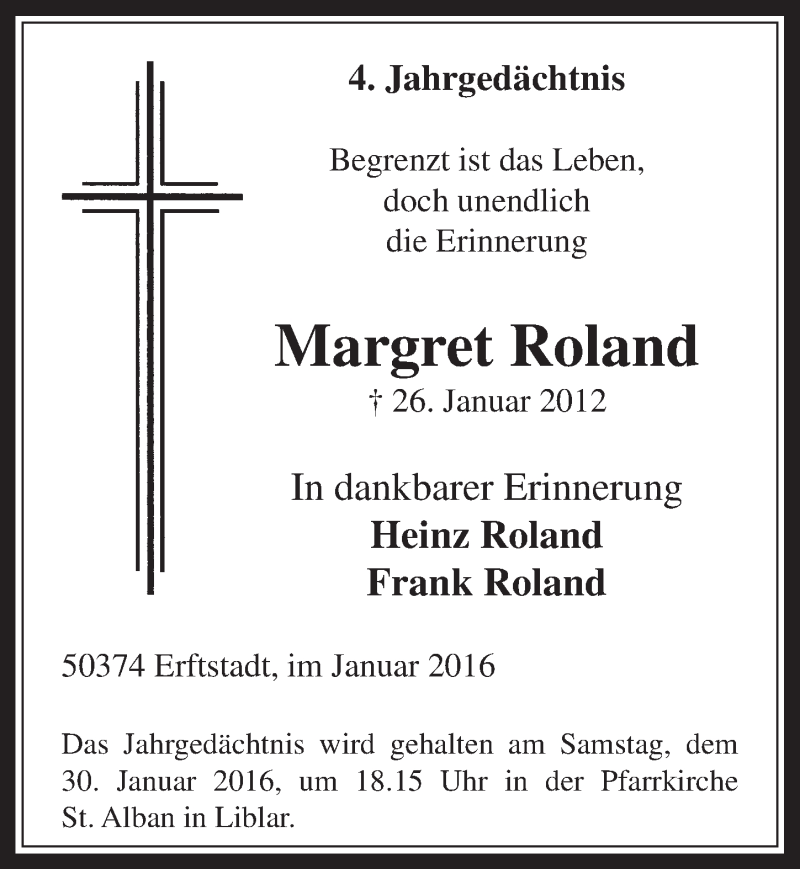  Traueranzeige für Margret Roland vom 20.01.2016 aus  Werbepost 