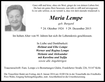 Anzeige von Maria Lempe von  Kölner Wochenspiegel 