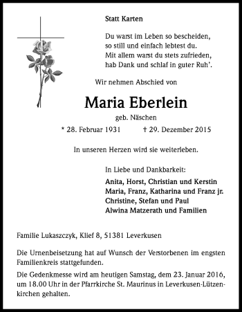 Anzeige von Maria Eberlein von Kölner Stadt-Anzeiger / Kölnische Rundschau / Express