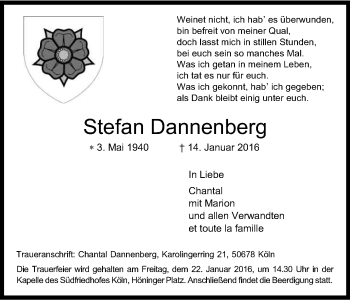 Anzeige von Stefan Dannenberg von Kölner Stadt-Anzeiger / Kölnische Rundschau / Express