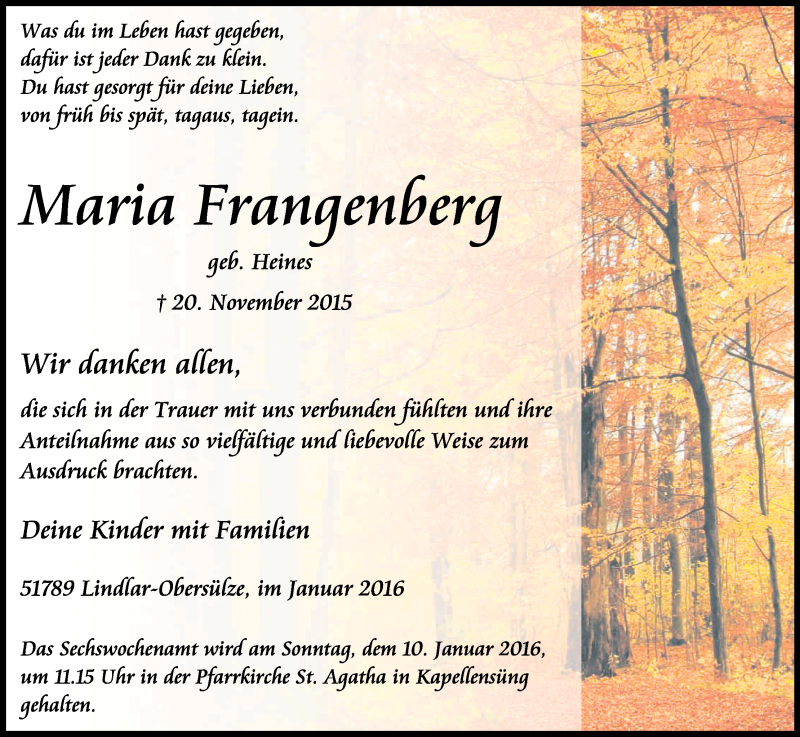  Traueranzeige für Maria Frangenberg vom 02.01.2016 aus Kölner Stadt-Anzeiger / Kölnische Rundschau / Express