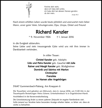 Anzeige von Richard Kanzler von Kölner Stadt-Anzeiger / Kölnische Rundschau / Express