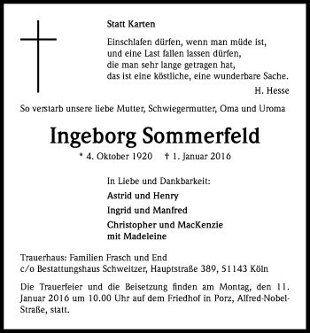Anzeige von Ingeborg Sommerfeld von Kölner Stadt-Anzeiger / Kölnische Rundschau / Express