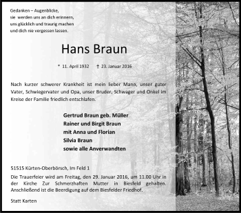 Anzeige von Hans Braun von Kölner Stadt-Anzeiger / Kölnische Rundschau / Express