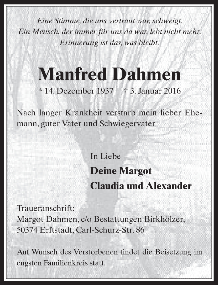  Traueranzeige für Manfred Dahmen vom 20.01.2016 aus  Werbepost 