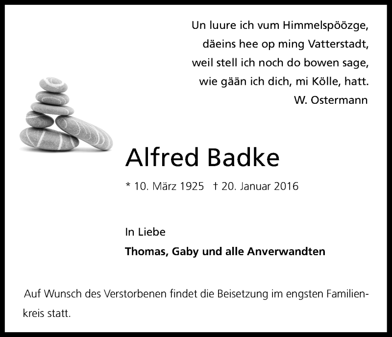  Traueranzeige für Alfred Badke vom 23.01.2016 aus Kölner Stadt-Anzeiger / Kölnische Rundschau / Express