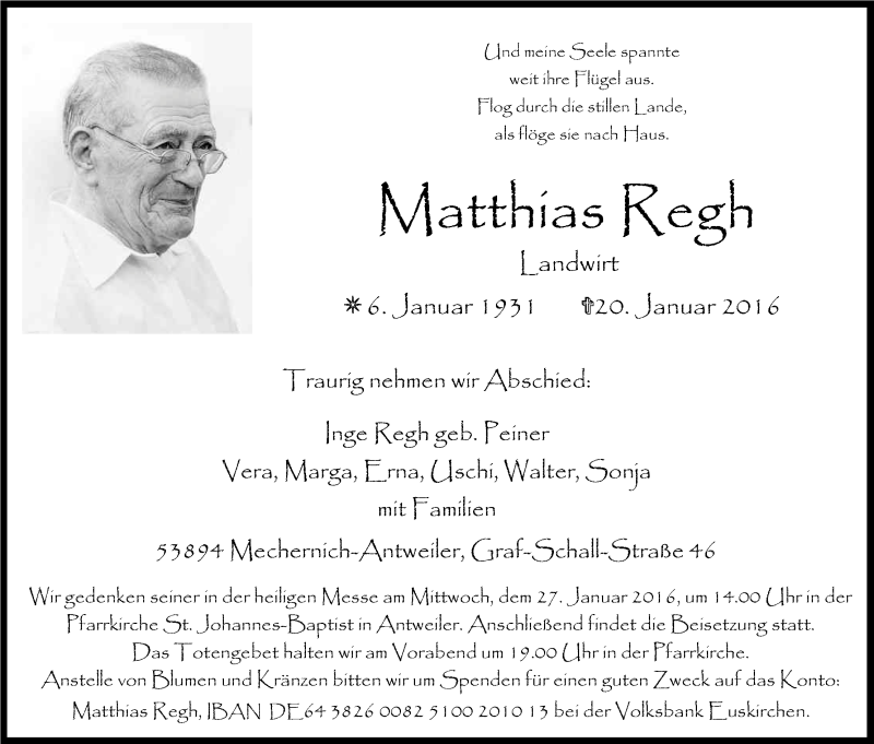  Traueranzeige für Matthias Regh vom 22.01.2016 aus Kölner Stadt-Anzeiger / Kölnische Rundschau / Express