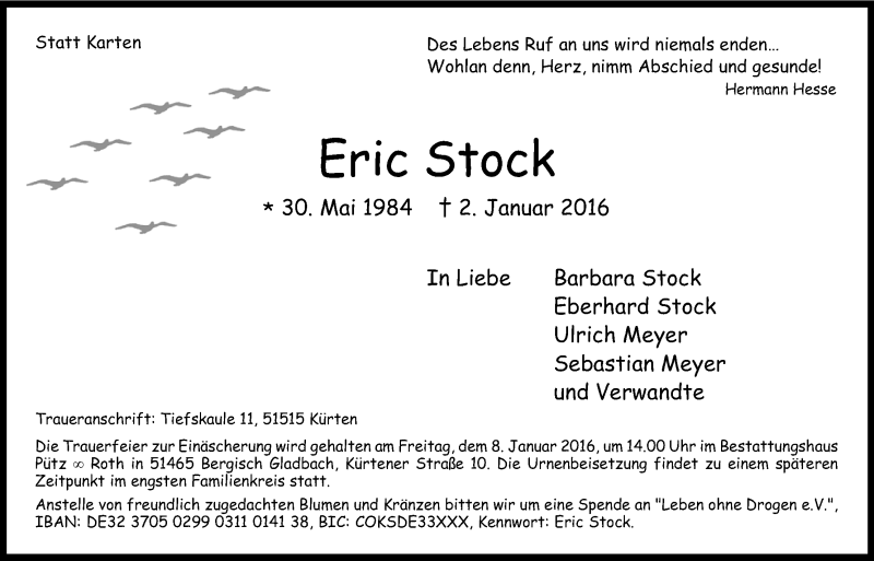  Traueranzeige für Eric Stock vom 06.01.2016 aus Kölner Stadt-Anzeiger / Kölnische Rundschau / Express