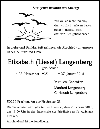 Anzeige von Elisabeth Langenberg von Kölner Stadt-Anzeiger / Kölnische Rundschau / Express