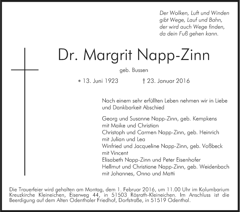  Traueranzeige für Margrit Napp-Zinn vom 27.01.2016 aus Kölner Stadt-Anzeiger / Kölnische Rundschau / Express
