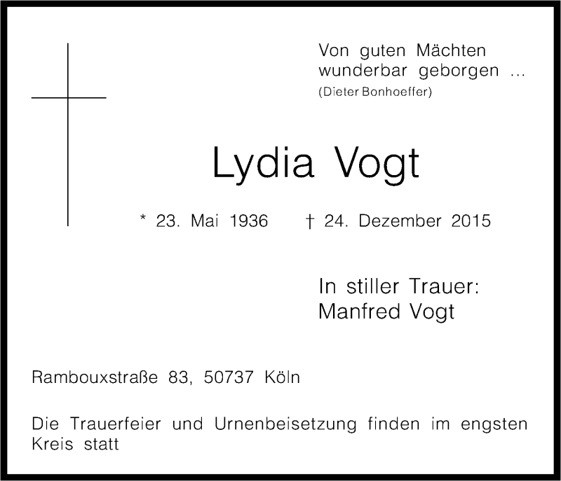  Traueranzeige für Lydia Vogt vom 02.01.2016 aus Kölner Stadt-Anzeiger / Kölnische Rundschau / Express
