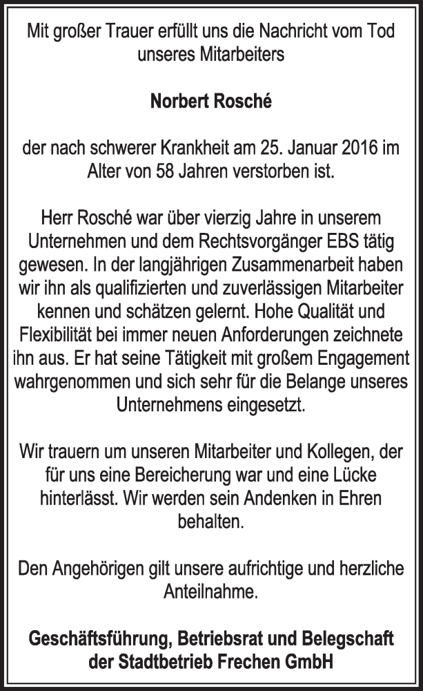  Traueranzeige für Norbert Rosché vom 30.01.2016 aus  Sonntags-Post 