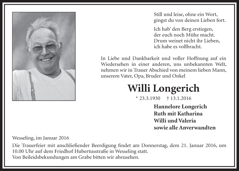  Traueranzeige für Willi Longerich vom 20.01.2016 aus  Schlossbote/Werbekurier 