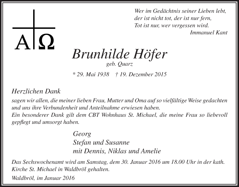  Traueranzeige für Brunhilde Höfer vom 27.01.2016 aus  Lokalanzeiger 