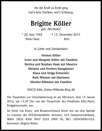 Anzeige von Brigitte Köller von Kölner Stadt-Anzeiger / Kölnische Rundschau / Express