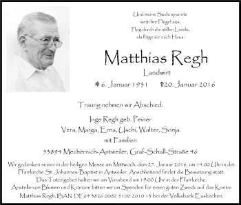 Anzeige von Matthias Regh von Kölner Stadt-Anzeiger / Kölnische Rundschau / Express