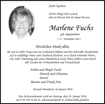 Anzeige von Marlene Tuchs von Kölner Stadt-Anzeiger / Kölnische Rundschau / Express