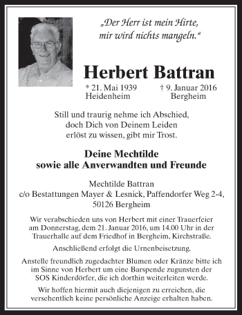 Anzeige von Herbert Battran von  Werbepost 