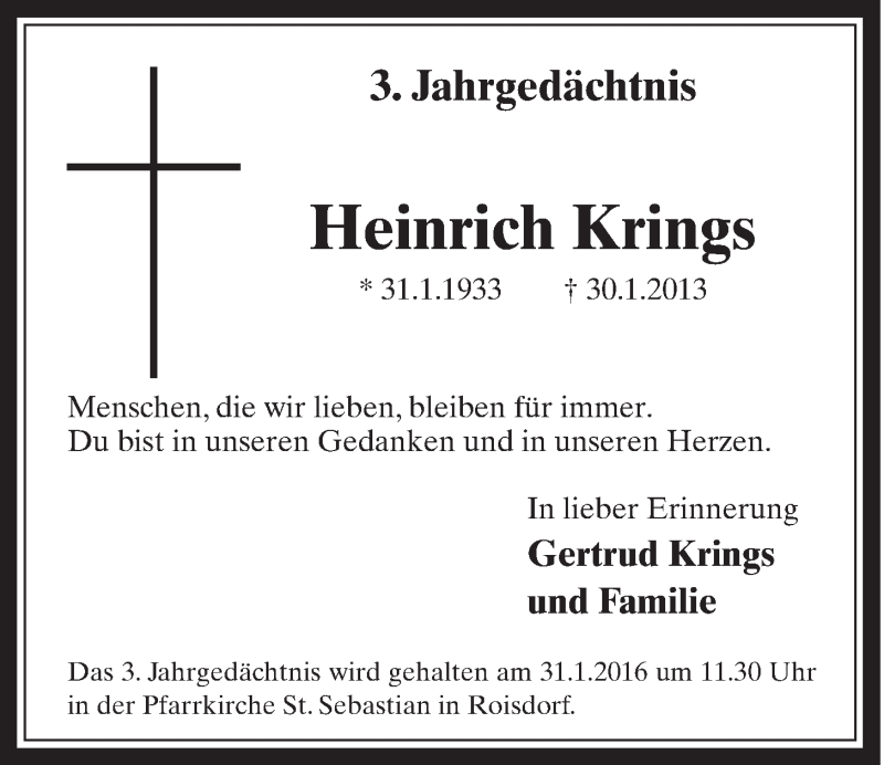  Traueranzeige für Heinrich Krings vom 27.01.2016 aus  Schaufenster/Blickpunkt 