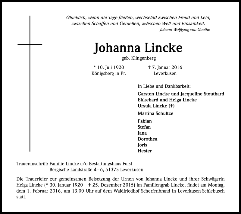  Traueranzeige für Johanna Lincke vom 23.01.2016 aus Kölner Stadt-Anzeiger / Kölnische Rundschau / Express