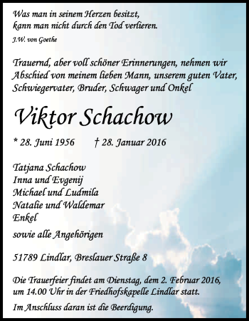 Anzeige von Viktor Schachow von Kölner Stadt-Anzeiger / Kölnische Rundschau / Express