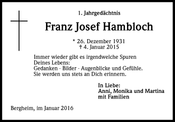 Anzeige von Franz Josef Hambloch von Kölner Stadt-Anzeiger / Kölnische Rundschau / Express