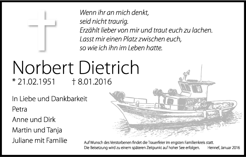  Traueranzeige für Norbert Dietrich vom 13.01.2016 aus Kölner Stadt-Anzeiger / Kölnische Rundschau / Express