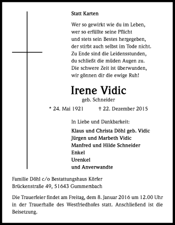 Anzeige von Irene Vidic von Kölner Stadt-Anzeiger / Kölnische Rundschau / Express