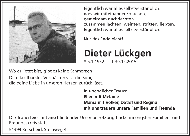  Traueranzeige für Dieter Lückgen vom 16.01.2016 aus  Leverkusener Wochenende 