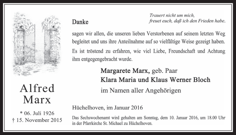  Traueranzeige für Alfred Marx vom 06.01.2016 aus  Werbepost 