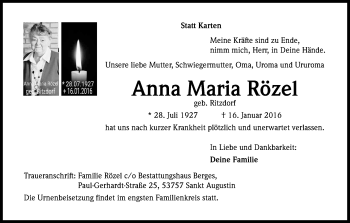 Anzeige von Anna Maria Rözel von Kölner Stadt-Anzeiger / Kölnische Rundschau / Express