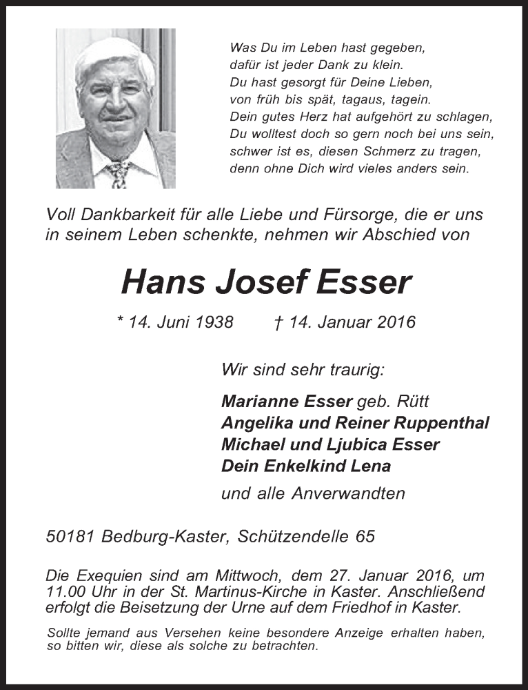  Traueranzeige für Hans Josef Esser vom 20.01.2016 aus  Werbepost 