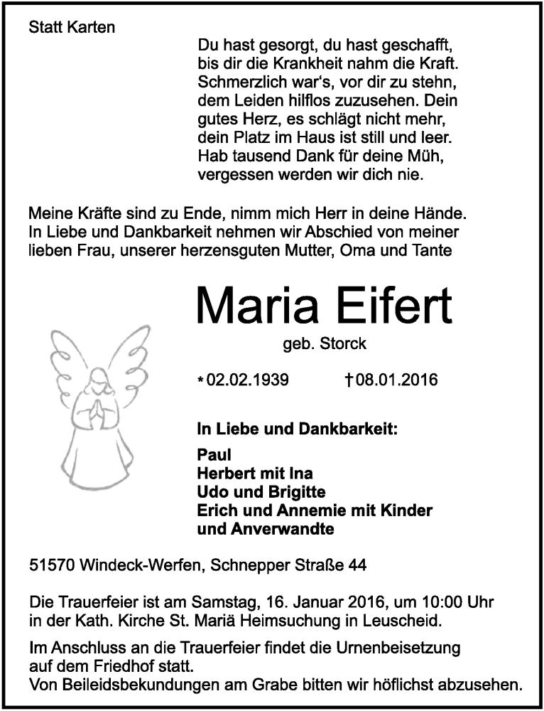  Traueranzeige für Maria Eifert vom 13.01.2016 aus  Extra Blatt 